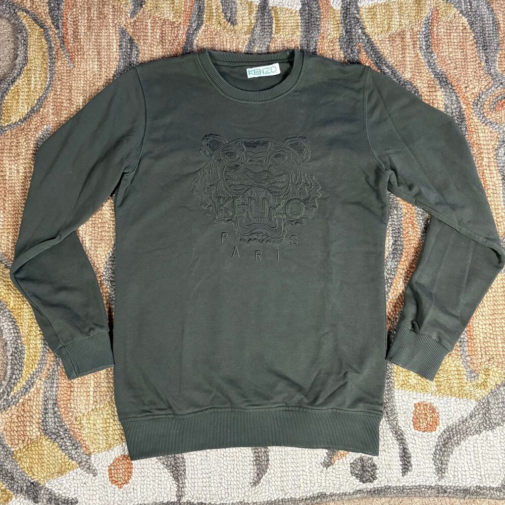KENZO Paris Pullover Sweater Men's L Olive Green‎ Tiger Graphic Embroidered